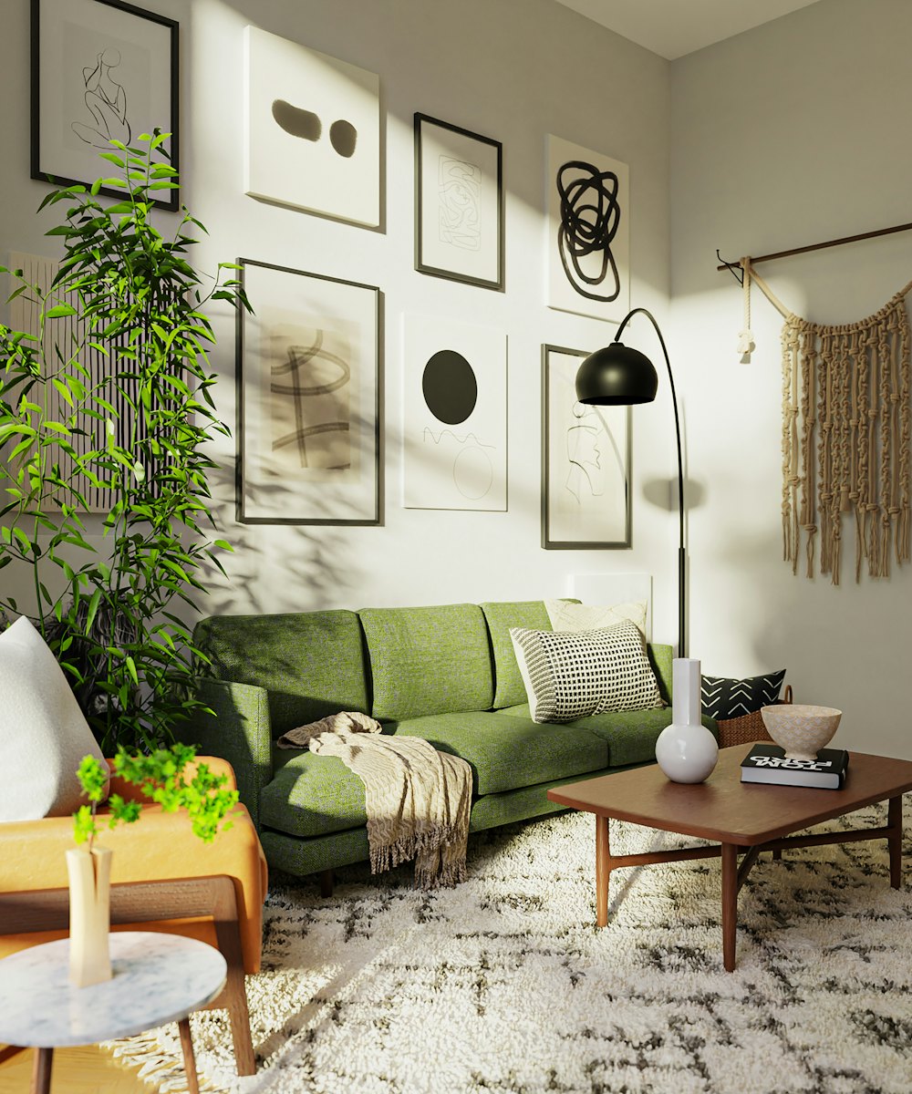 Living room with a green sofa, wood coffee table and gallery wall